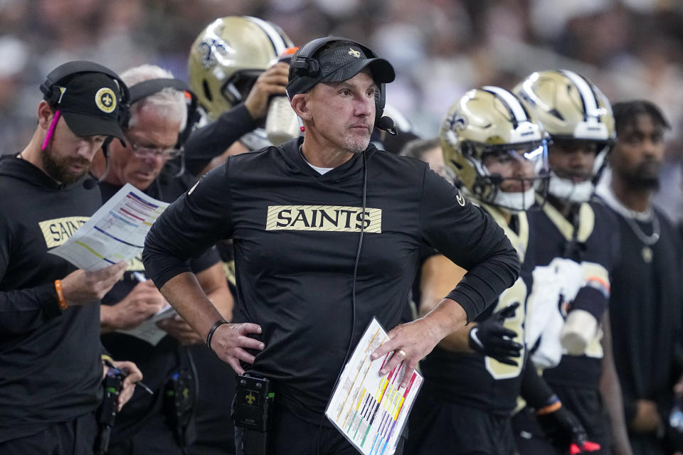 New Orleans Saints head coach Dennis Allen looks on during the second half of an NFL football game against the Dallas Cowboys, Sunday, Sept. 15, 2024, in Arlington, Texas. (AP Photo/Tony Gutierrez)