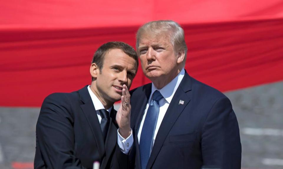 ‘Where do you buy your concealer?’: French president Macron and US president Trump at the Bastille Day celebrations in Paris, France. Both men are known to use makeup.