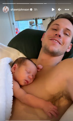 <p>Shawn Johnson East/Instagram</p> Andrew East poses with baby son Bear.