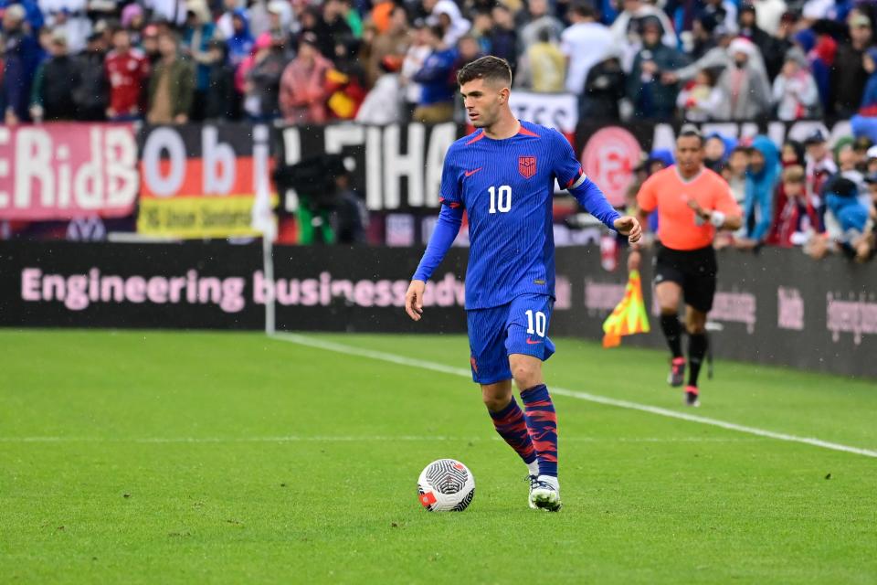 United States forward Christian Pulisic (10) during the second half against the German national team at Pratt & Whitney Stadium.