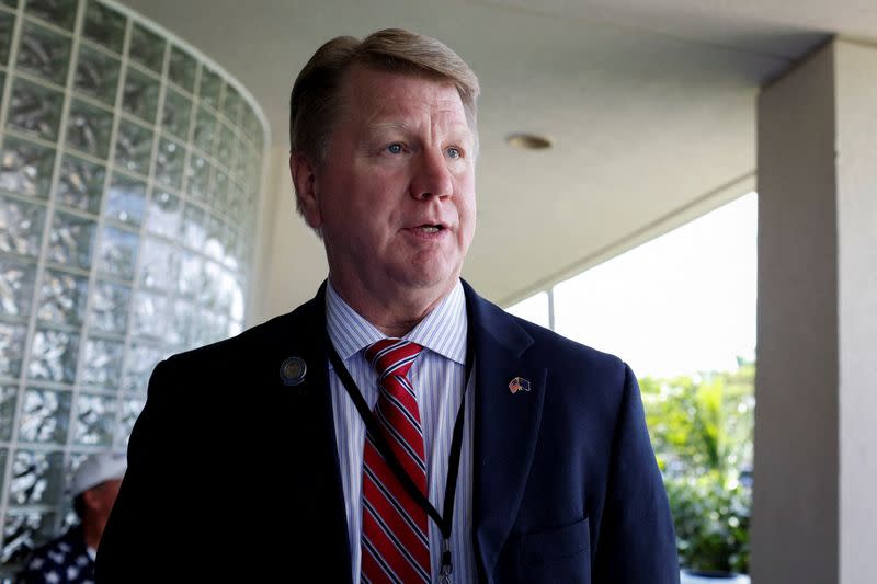FILE PHOTO: Nevada's Republican secretary of state candidate Jim Marchant speaks during an interview with Reuters, in West Palm Beach