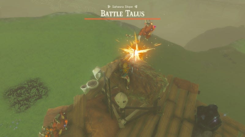 Link strikes a bokogoblin on top of a Battle Talus.