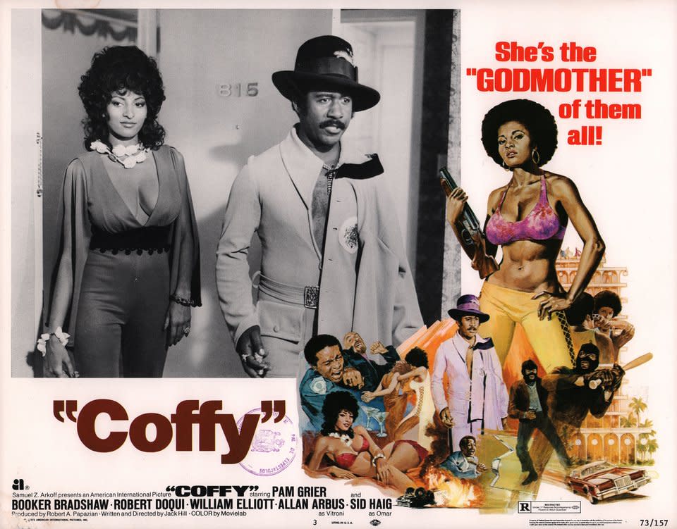 A poster for Coffy shows Pam Grier as Coffy in multiple poses dressed up undercover and holding a gun