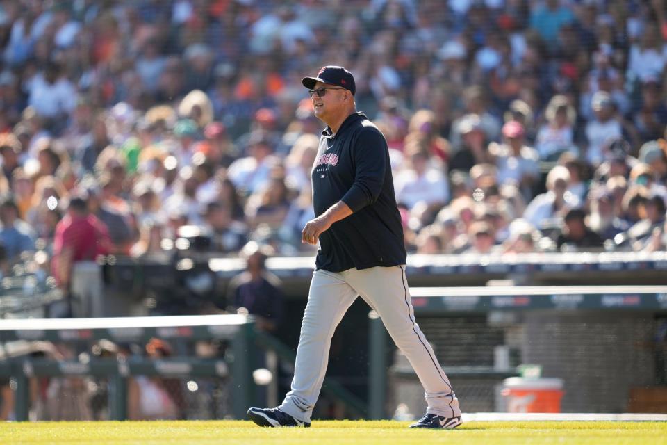 Guardians manager Terry Francona walks to the pitchers mound against the Tigers in the seventh inning, Saturday, Sept. 30, 2023, in Detroit.