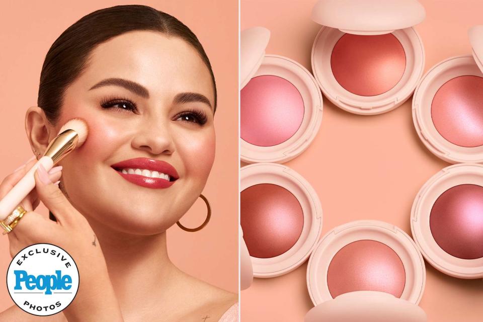 <p>Courtesy of Rare Beauty</p> Selena Gomez with new Rare Beauty Soft Pinch Luminous Powder Blush