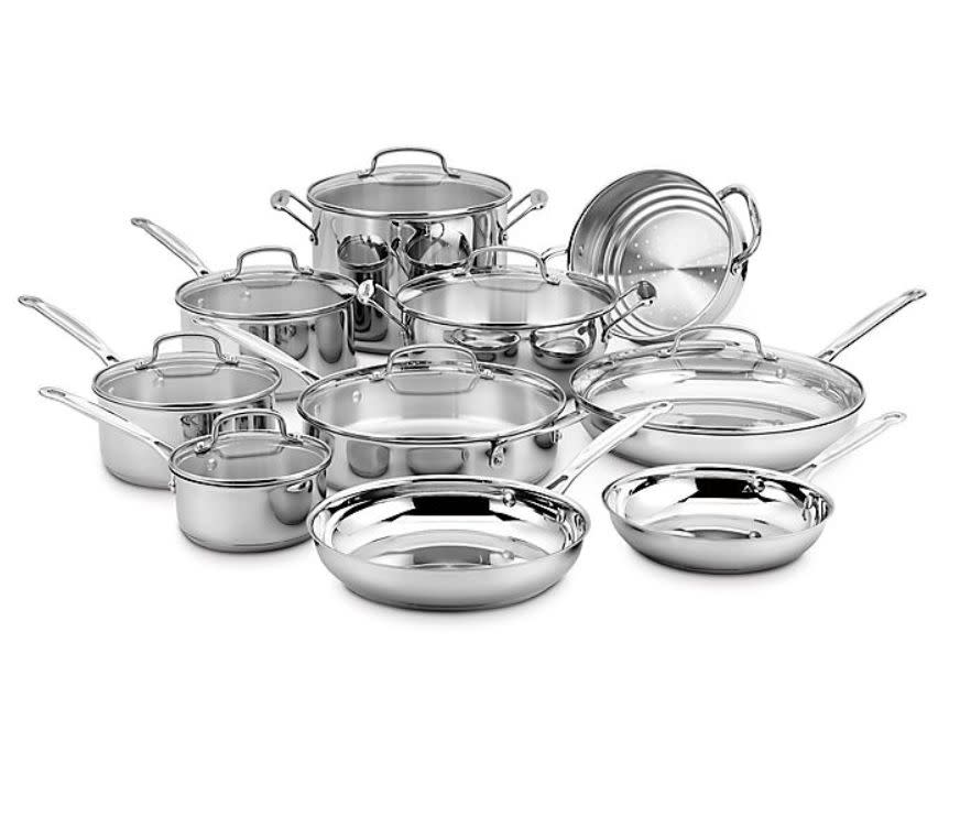 This Cuisinart cookware set offers a lot of bang for your buck, featuring everything from three sauce pans with glass covers to a Dutch oven. Plus, the silver will stand out even if it's next to the silverware (these pots and pans are made of stainless steel, BTW). <a href="https://fave.co/2INBORX" target="_blank" rel="noopener noreferrer">﻿Originally $250, get the set now for $200 at Bed Bath &amp; Beyond</a>.