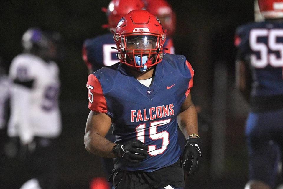 Jordan running back Amareon Blue (15)heads to the sidelines after scoring a touchdown against Riverside during the second half. The Riverside Pirates and the Jordan Falcons met in a conference football game in Durham, N.C. on October 13, 2023.