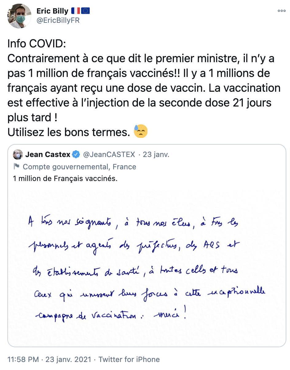 Plusieurs médecins alertent sur la différence entre première dose et vaccination.