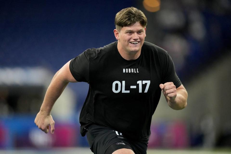 Mar 5, 2023; Indianapolis, IN, USA; Brigham Young offensive lineman Blake Freeland (OL17) during the NFL Scouting Combine at Lucas Oil Stadium. Mandatory Credit: Kirby Lee-USA TODAY Sports