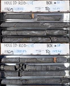 ROD-071 drill core from 138.02-143.46m (note the chalcopyrite at approximately 140.3m, and the network veins of pale grey sphalerite, prominent at about 138.4 and 141.0m)