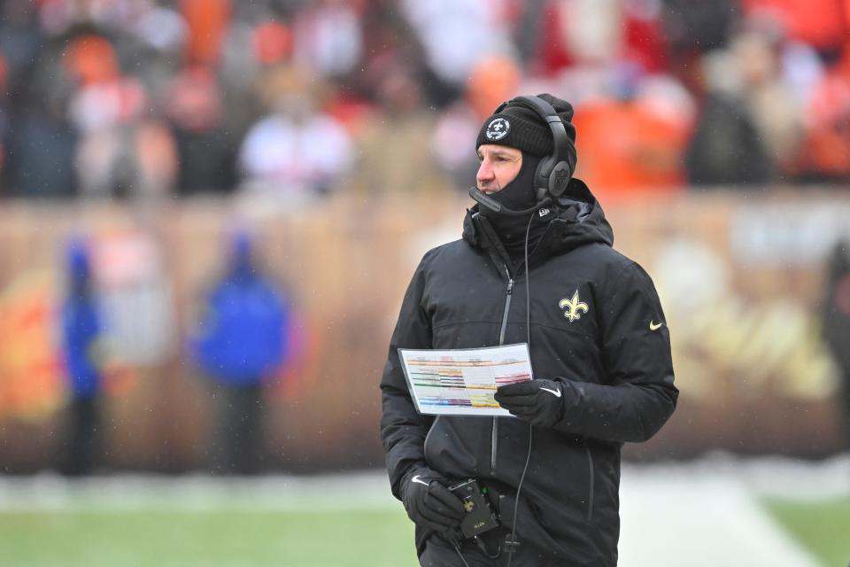 New Orleans Saints coach Dennis Allen walks the sideline during the first half of an NFL football game against the Cleveland Browns, Saturday, Dec. 24, 2022, in Cleveland.