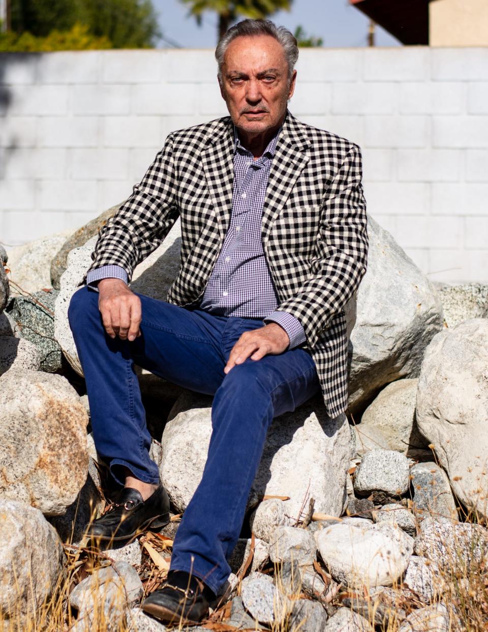 Udo Kier in his backyard in Palm Springs in 2020.