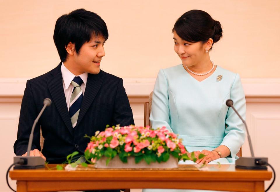 Princess Mako and Kei Komuro during a press conference to announce their engagement in September 2017 (AFP via Getty Images)