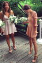 <p>Emily Ratajkowski played bridesmaid for one of her close friends and shared her dress on Instagram ahead of the nuptials. The model donned a peach pink dress with ruffled sleeves which she co-designer with Christy Dawn as part of a 75-piece collection. She finished the look with a low, wispy bun and co-ordinating heels. <em>[Photo: Instagram]</em> </p>