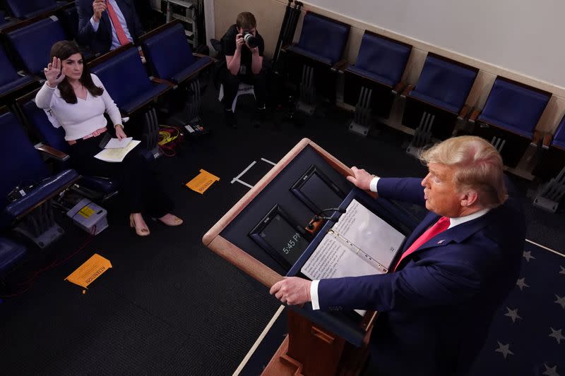 U.S. President Trump leads the daily coronavirus response briefing at the White House in Washington