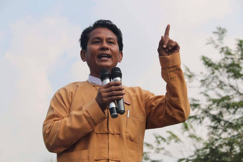 This undated picture shows Myint Htwe, a regional lawmaker, addressing a crowd in Monywa, Sagaing Region in Myanmar