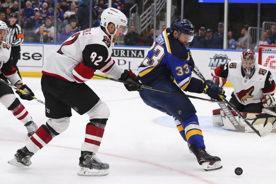 Arizona Coyotes defenseman Jordan Oesterle (82) defends against St. Louis Blues forward Jordan Kyrou (33) during the second period of an NHL hockey game Thursday, Feb. 20, 2020, in St. Louis. (AP Photo/Dilip Vishwanat)