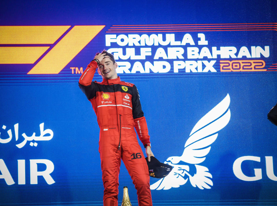 Charles Leclerc, pictured here celebrating after winning the Bahrain Grand Prix.