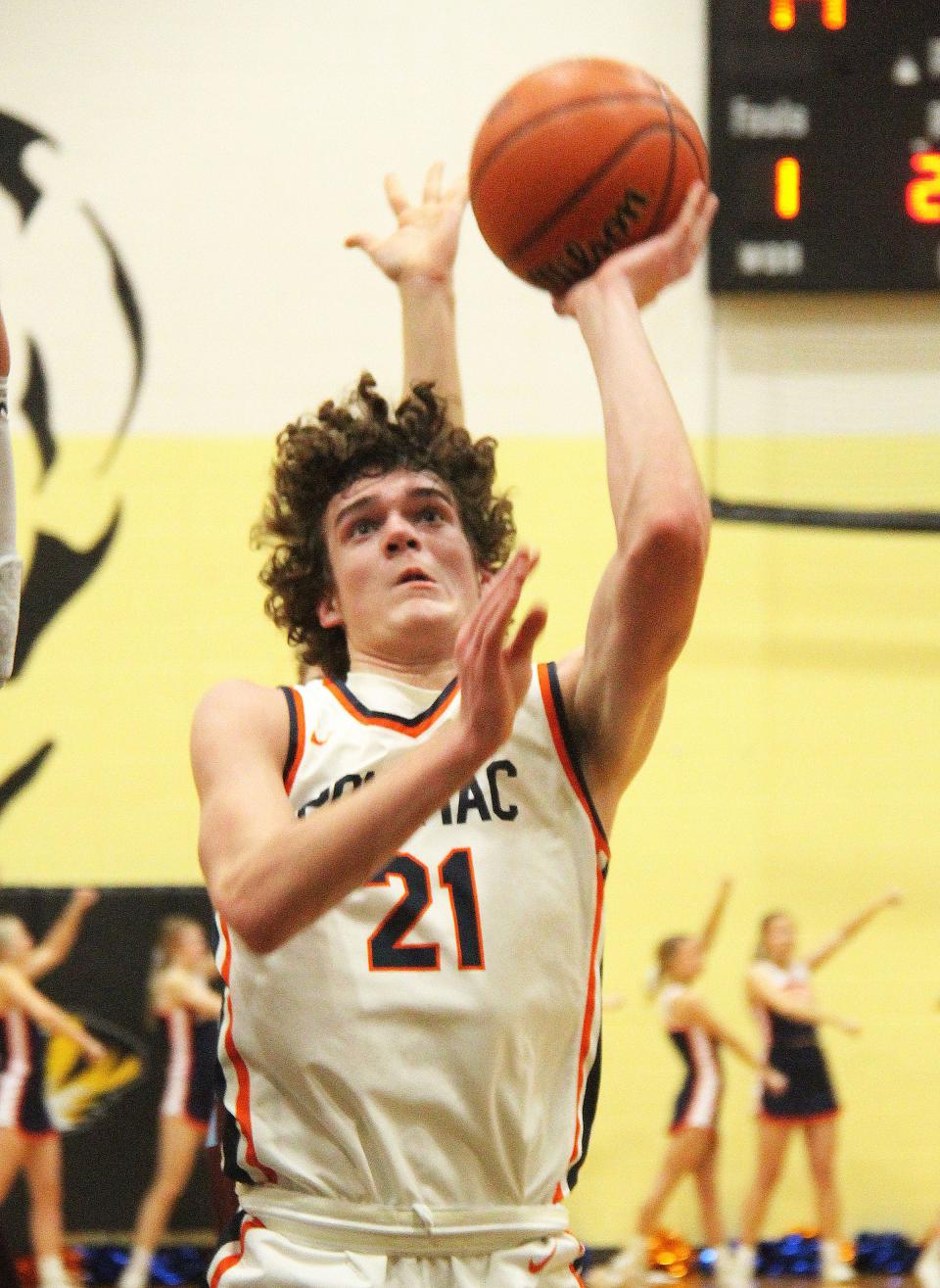 Pontiac junior Riley Weber takes a shot in the lane area Tuesday. Weber scored 12 points in the eighth-ranked Indians' 55-40 sectional semifinal win over No. 6 St. Joseph-Ogden at Herscher.