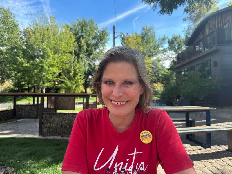 Kristie Strejc, a bartender at Circus Circus casino, sits at a cafe near her workplace in Reno