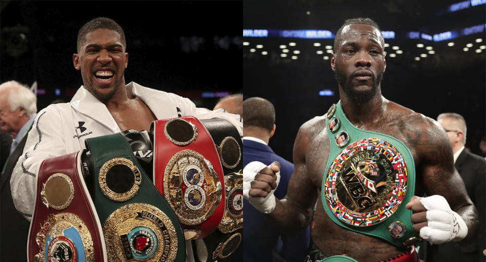 IBF-WBA-WBO heavyweight champion Anthony Joshua (L) vs. WBC heavyweight champ Deontay Wilder in a title unification bout could eclipse two million pay-per-view sales. (AP)