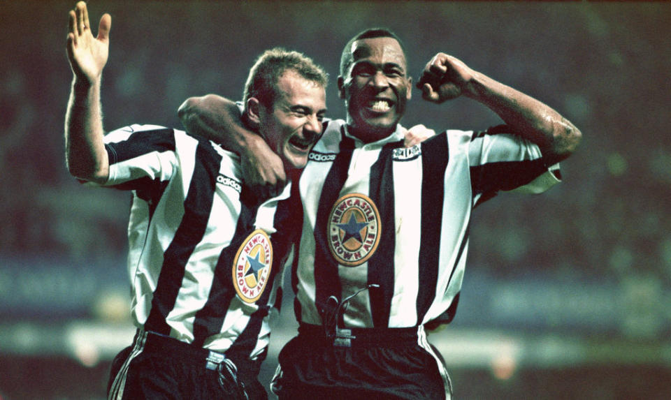 Alan Shearer and Les Ferdinand wearing one of the iconic Newcastle kits