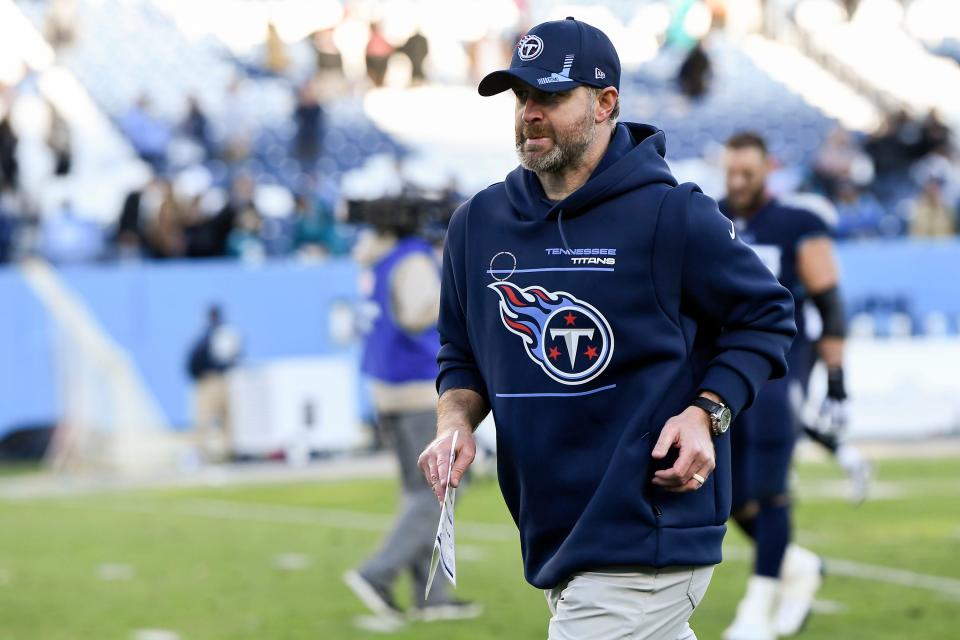 Titans defensive coordinator Shane Bowen leaves the field after beating the Jaguars at Nissan Stadium Sunday, Dec. 12, 2021 in Nashville, Tenn. 