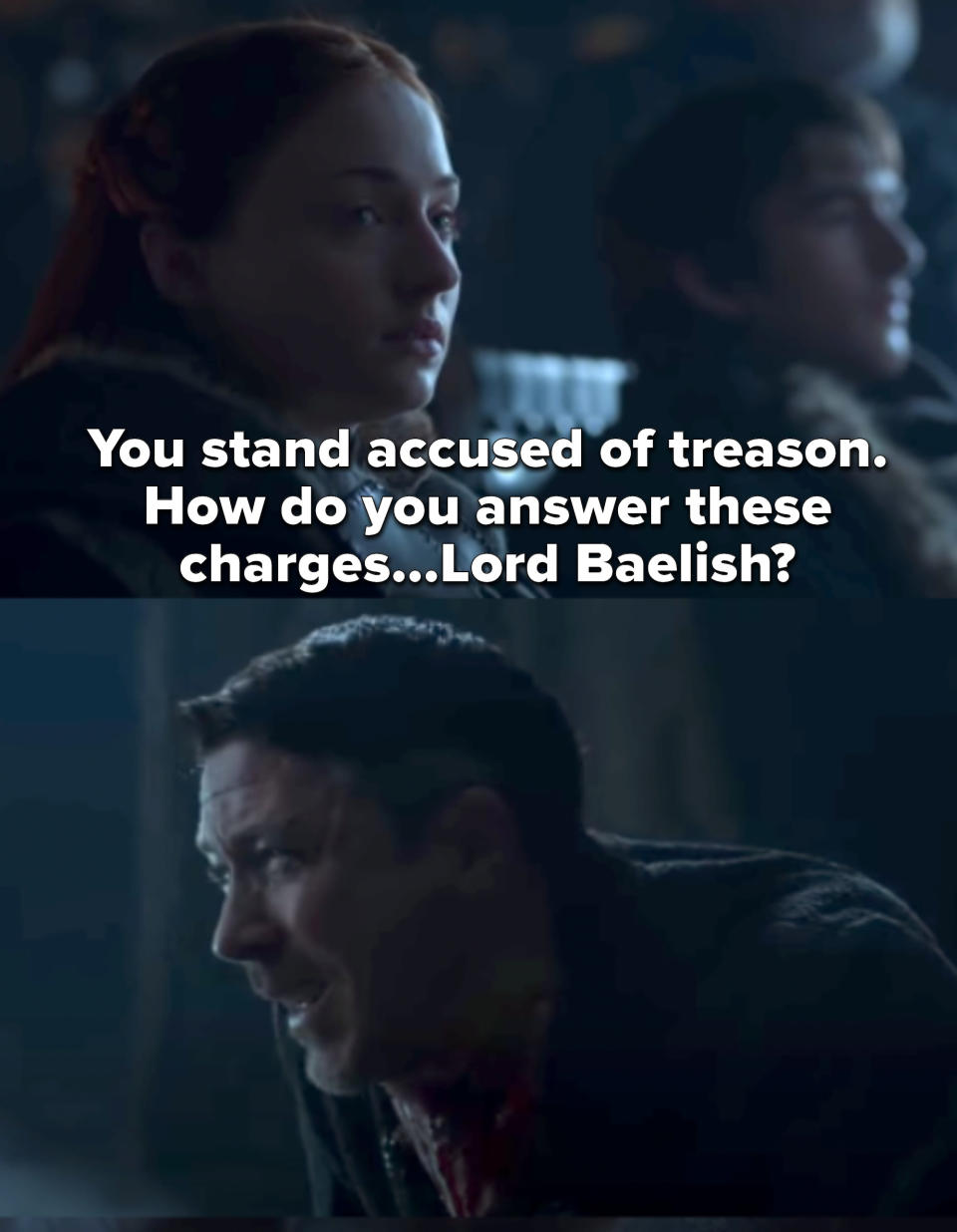 Sansa says "You stand accused of treason. How do you answer these charges...Lord Baelish" and then Arya cuts his throat