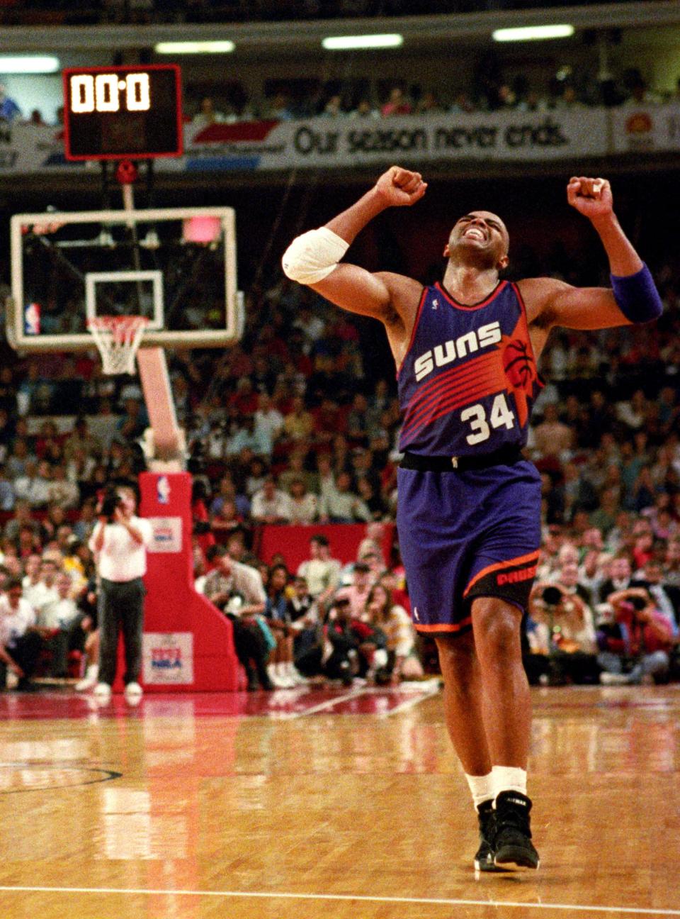 Phoenix Suns' Charles Barkley during the triple overtime win in Game 3 against the Chicago Bulls during the 1993 NBA Finals in Chicago.