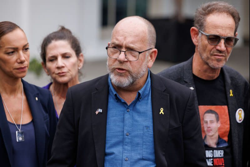 Jonathan Dekel-Chen, father of hostage Sagui Dekel-Chen, speaks to the press outside the West Wing of the Oval Office, after meeting with President Joe Biden and Israeli Prime Minister Benjamin Netanyahu, on Thursday. Photo by Aaron Schwartz/UPI