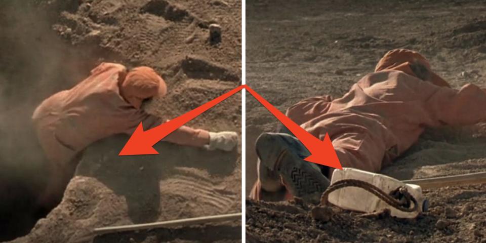 arrows pointing at stanley's water canister disappearing and appearing in a scene from holes