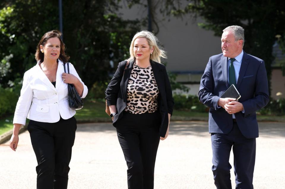 Sinn Fein’s Mary Lou McDonald, Michelle O’Neill and Conor Murphy after meeting with the Prime Minister Boris Johnson at Hillsborough Castle on Monday (Liam McBurney/PA) (PA Wire)