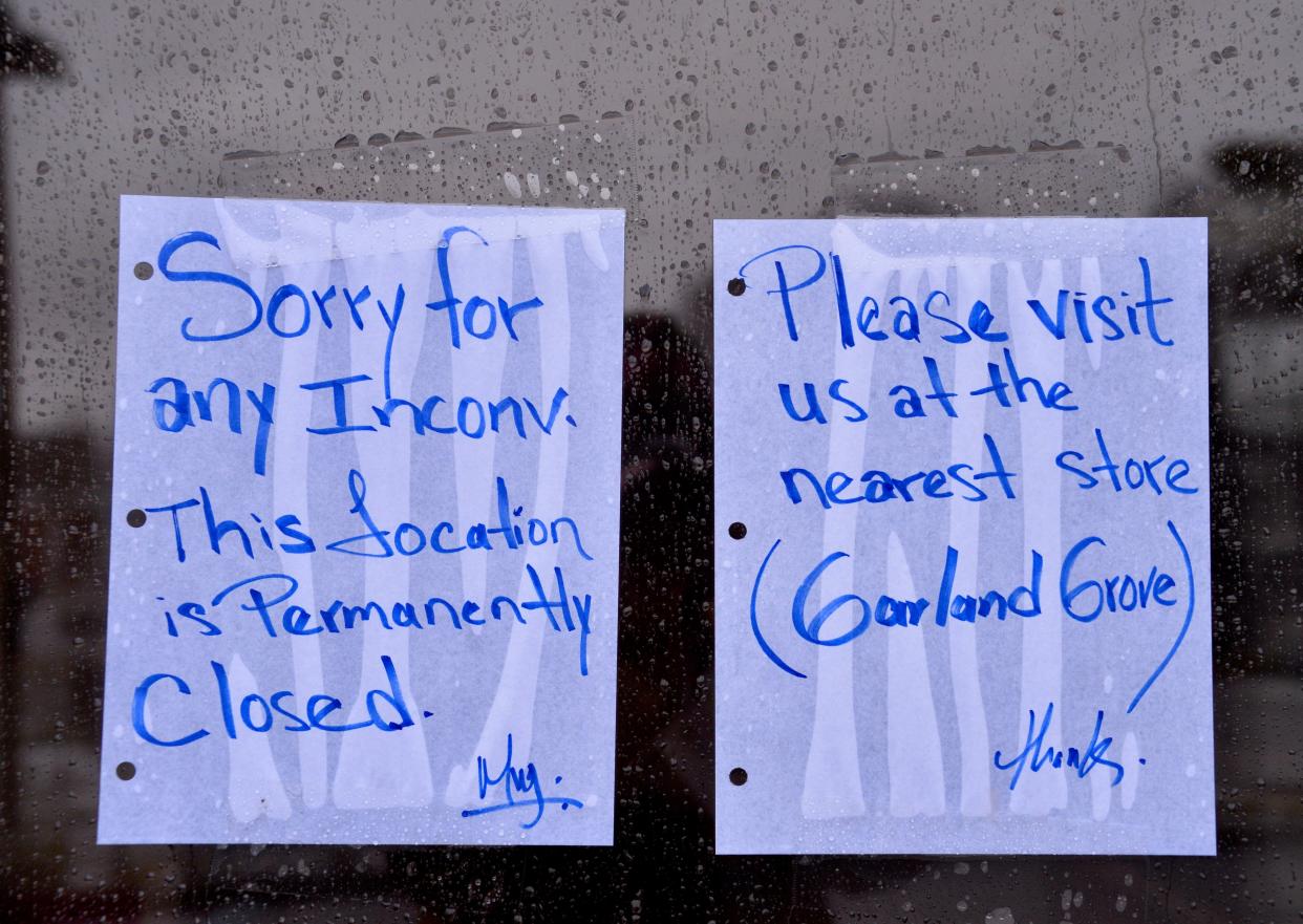 Handwritten signs on a window at the KFC at 330 Dual Highway in Hagerstown note the restaurant is permanently closed. (Photo taken Jan. 9, 2024)