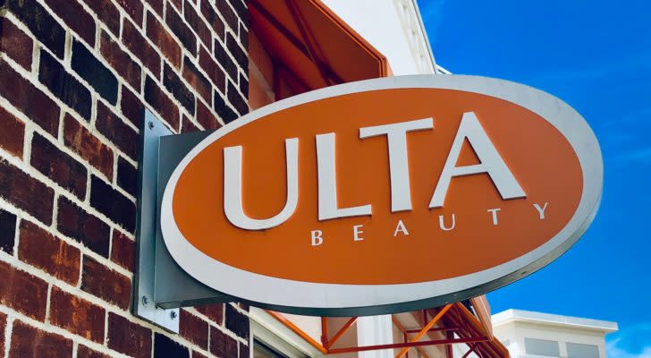 ULTA stock Ulta Beauty store front sign located at Laurel Town Centre in Laurel, Maryland.