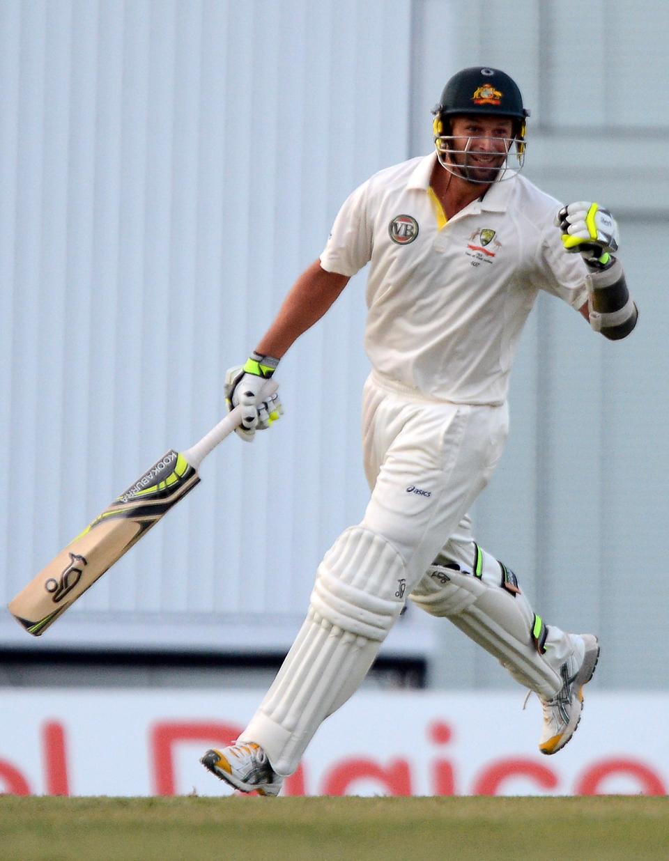 Australian cricketer Ben Hilfenhaus celebrates after taking the last run to secure their victory during the final day of the first-of-three Test matches between Australia and West Indies at the Kensington Oval stadium in Bridgetown on April 11, 2012. Australia defeated West Indies by 3 wickets. AFP PHOTO/Jewel Samad (Photo credit should read JEWEL SAMAD/AFP/Getty Images)