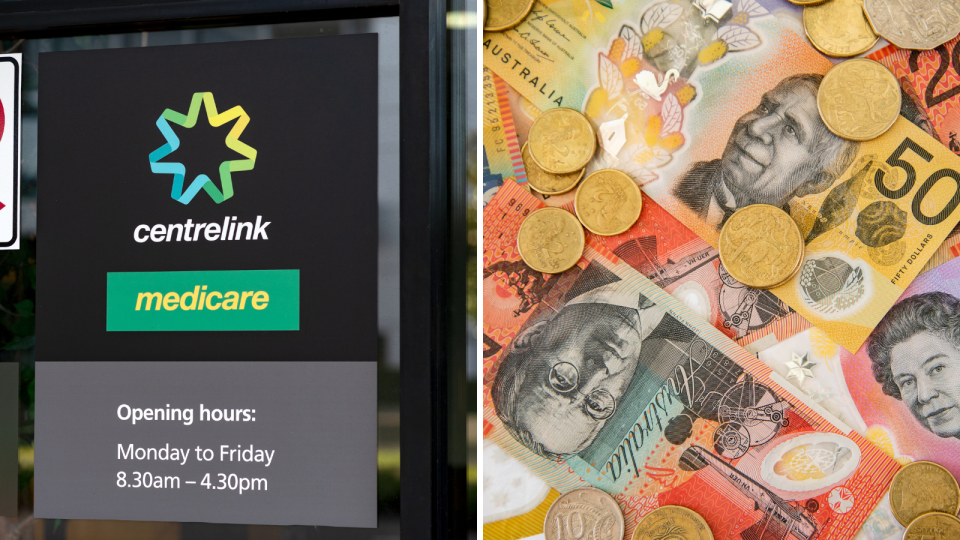 The Centrelink logo on the exterior of a building and Australian cash.