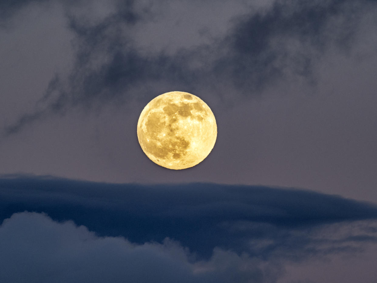 Full frame of the full moon at sunset with a sky with clouds.