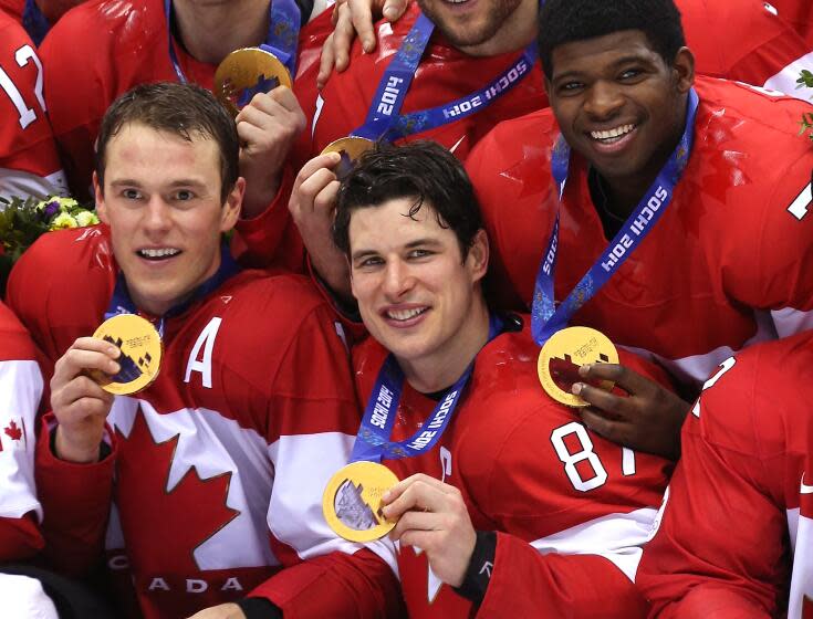 SOCHI, RUSSIA - FEBRUARY 23: (l-R) Jonathan Toews, Sidney Crosby and P.K. Subban.