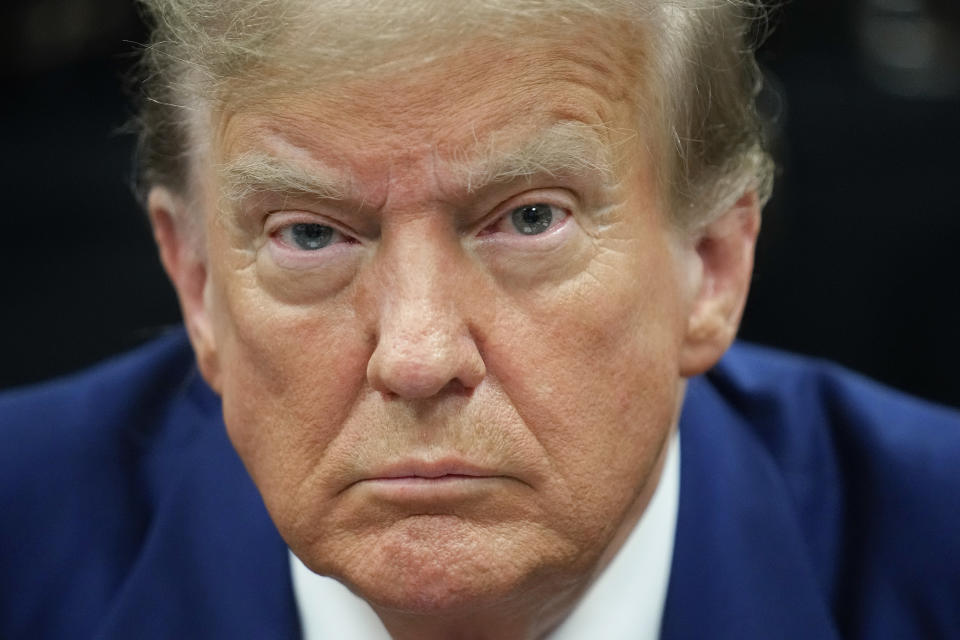 Former President Donald Trump awaits the start of proceedings at Manhattan criminal court, Tuesday, April 30, 2024, in New York. (AP Photo/Seth Wenig, Pool)