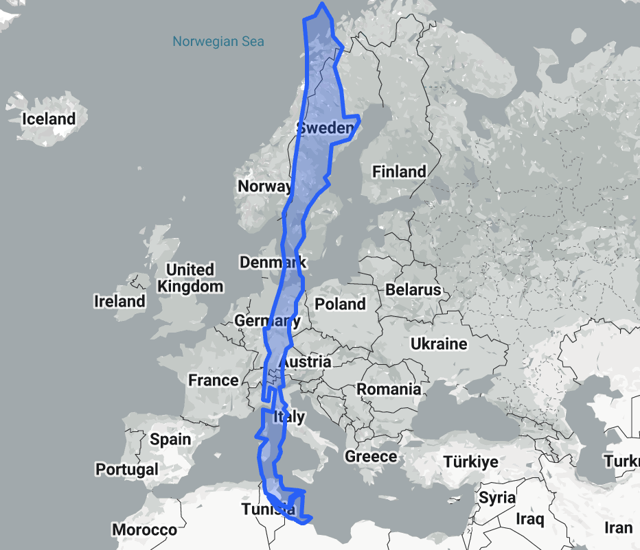 Map of Europe with a highlighted route from the northern tip of Norway, through Sweden and other countries, ending in Tunisia