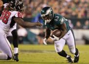 Sep 6, 2018; Philadelphia, PA, USA; Philadelphia Eagles running back Darren Sproles (43) runs with the ball as Atlanta Falcons defensive end Takkarist McKinley (98) chases during the second quarter at Lincoln Financial Field. Mandatory Credit: Bill Streicher-USA TODAY Sports