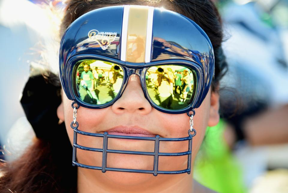 <p>A Los Angeles Rams fan poses before the start of the home opening NFL game against the Seattle Seahawks at Los Angeles Coliseum on September 18, 2016 in Los Angeles, California. (Photo by Harry How/Getty Images) </p>