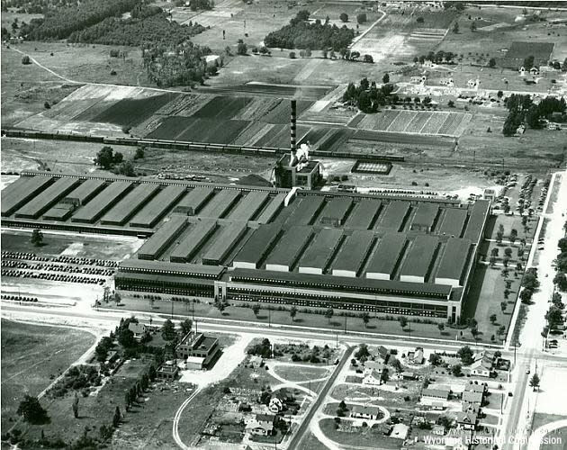 A 1930s photo gives an aerial view of the metal stamping plant on 36th Street SW in Wyoming.