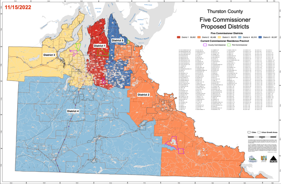 A map of the five commissioner districts proposed for Thurston County. If approved, new commissioners would be elected in 2023 to represent Districts 4 and 5.