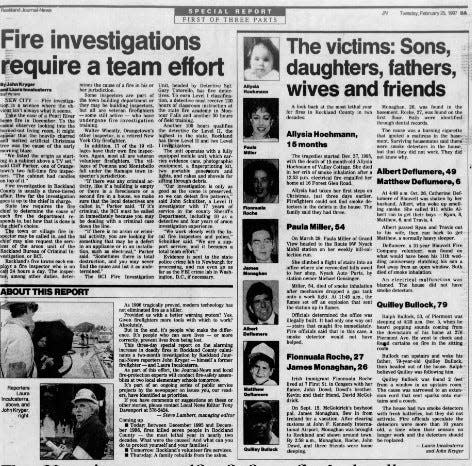 A newspaper clipping from "Fire's Deadly Rage," a 1997 special report by Journal News reporters John Kryger and Laura Incalcaterra.