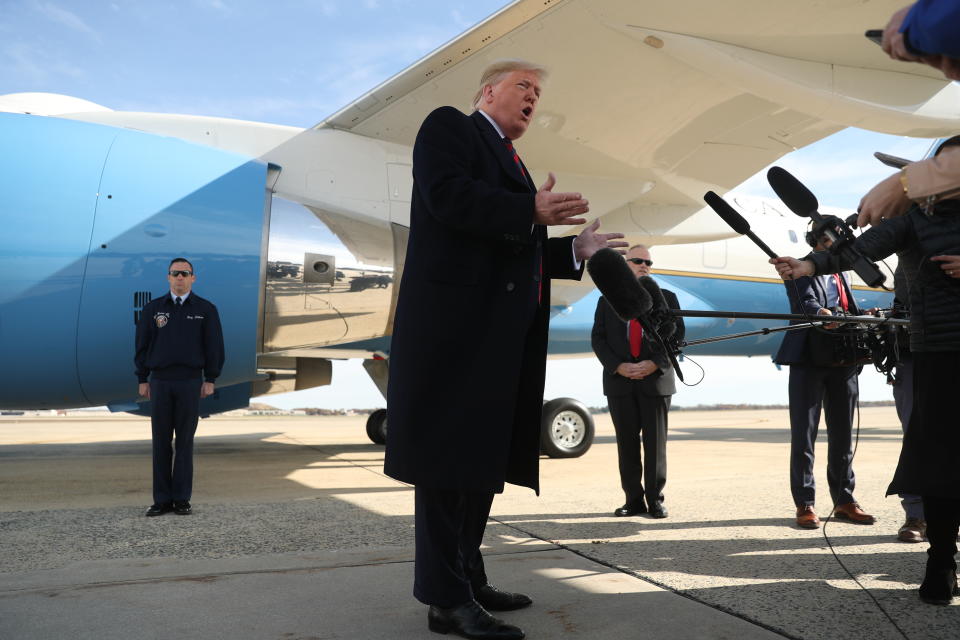 CORRECTS LOCATION TO ANDREWS AIR FORCE BASE - President Donald Trump talks to the media before boarding Air Force One at Andrews Air Force Base, Md., Saturday, Nov. 9, 2019. Trump is attending the NCAA college football game between Louisiana State University and Alabama in Tuscaloosa, Ala. (AP Photo/Andrew Harnik)