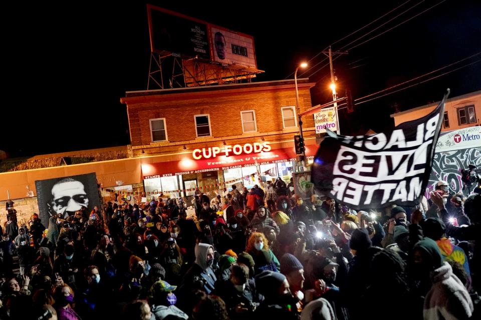 A large crowd celebrates the Chauvin verdict outside Cup Foods in Minneapolis, where George Floyd was murdered