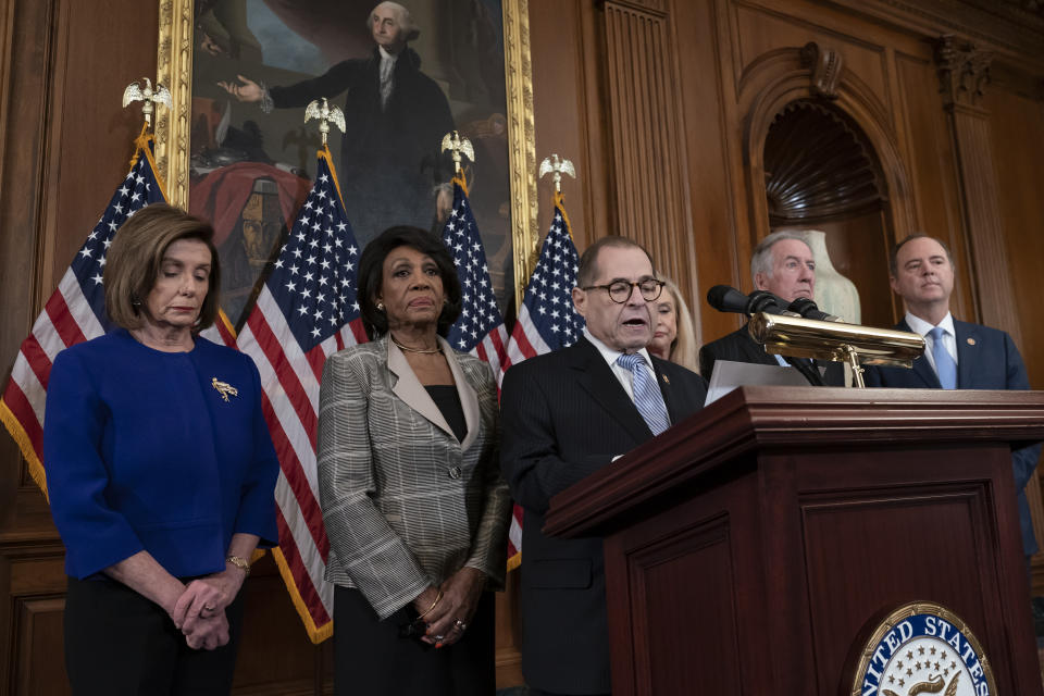 From left, Speaker of the House Nancy Pelosi, D-Calif., House Financial Services Committee Chairwoman Maxine Waters, D-Calif., House Judiciary Committee Chairman Jerrold Nadler, D-N.Y., House Committee on Oversight and Reform Chair Carolyn Maloney, D-N.Y., House Ways and Means Committee Chairman Richard Neal, D-Mass., and House Intelligence Committee Chairman Adam Schiff, D-Calif., announce they are pushing ahead with two articles of impeachment against President Donald Trump — abuse of power and obstruction of Congress — charging he corrupted the U.S. election process and endangered national security in his dealings with Ukraine, at the Capitol in Washington, Tuesday, Dec. 10, 2019. (AP Photo/J. Scott Applewhite)