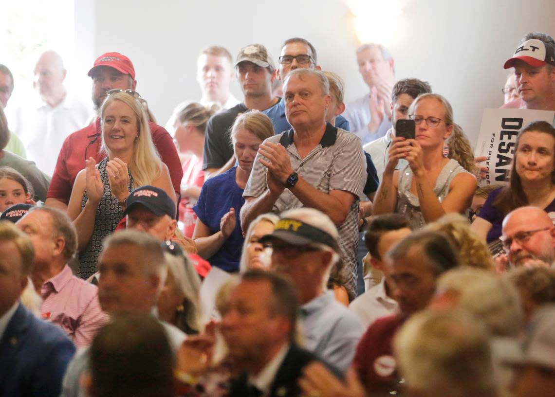 A crowd of supporters listens to U.S. presidential hopeful Ron Desantis Monday, July 17, 2023 in Tega Cay, S.C. Tracy Kimball/tkimball@heraldonline.com