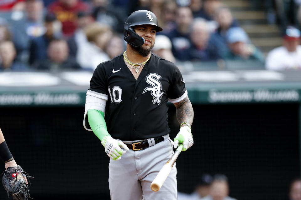 Chicago White Sox's Yoan Moncada reacts after being hit by a pitch from Cleveland Guardians starting pitcher Hunter Gaddis during the fourth inning of a baseball game, Monday, May 22, 2023, in Cleveland. (AP Photo/Ron Schwane)